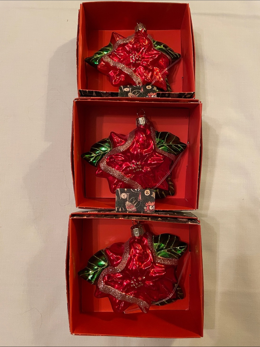 John Derian Poinsettia Glass Ornament (3) Holiday Home Accent New in Box